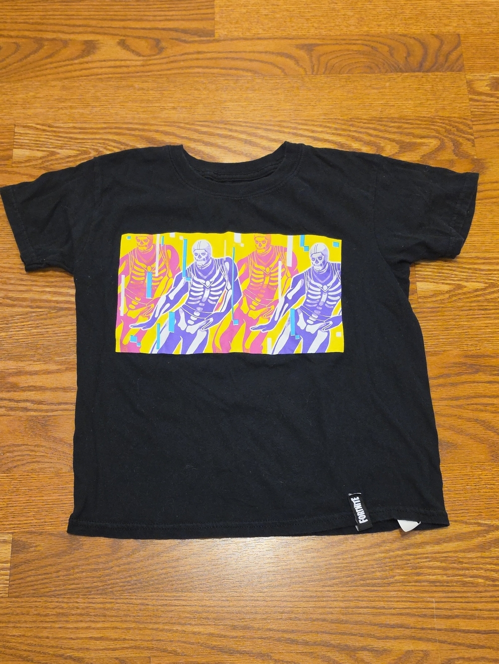 Black Kids Short-Sleeve Graphic Tee with Colorful Skeleton Panel
